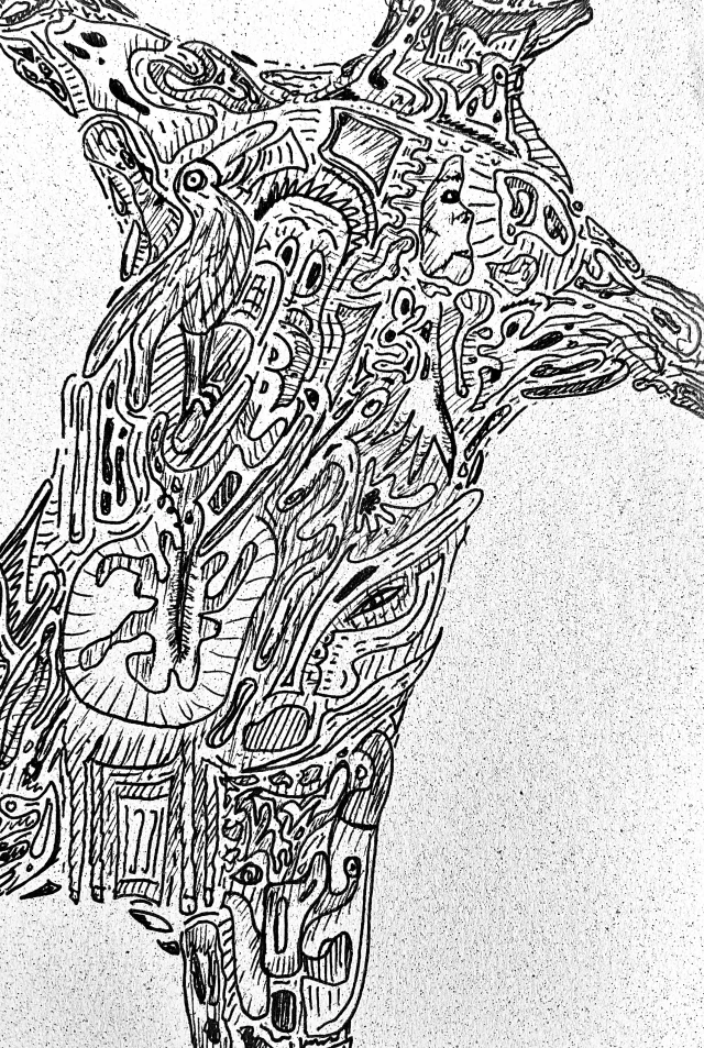 Corporeal Composition, an intricate pen drawing of interwoven forms and faces.